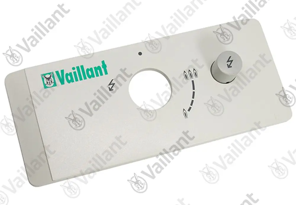 Frontblende in heller Farbe mit dem Logo von Vaillant. Sie verfügt über einen runden Ausschnitt und einen Drehknopf zur Einstellung. Einfache, funktionale Gestaltung.